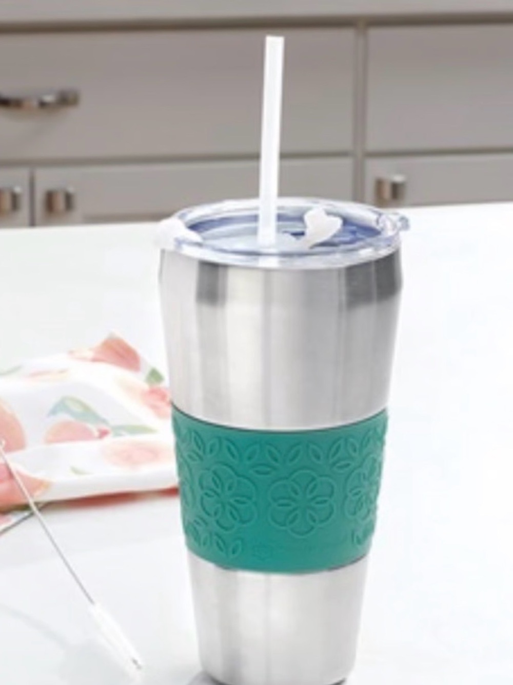 Princess House Pink Stainless Tumbler with Floral Grip